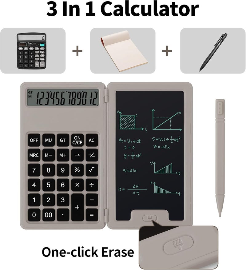 Pidada Desk Portable Basic Calculator, Small Mini Calculators with Writing Notepad and Stylus, More Lightweight and Portable, 12Digit Large Display Multi-Function for Office, School, Home & Financial (Khaki) - Image 2